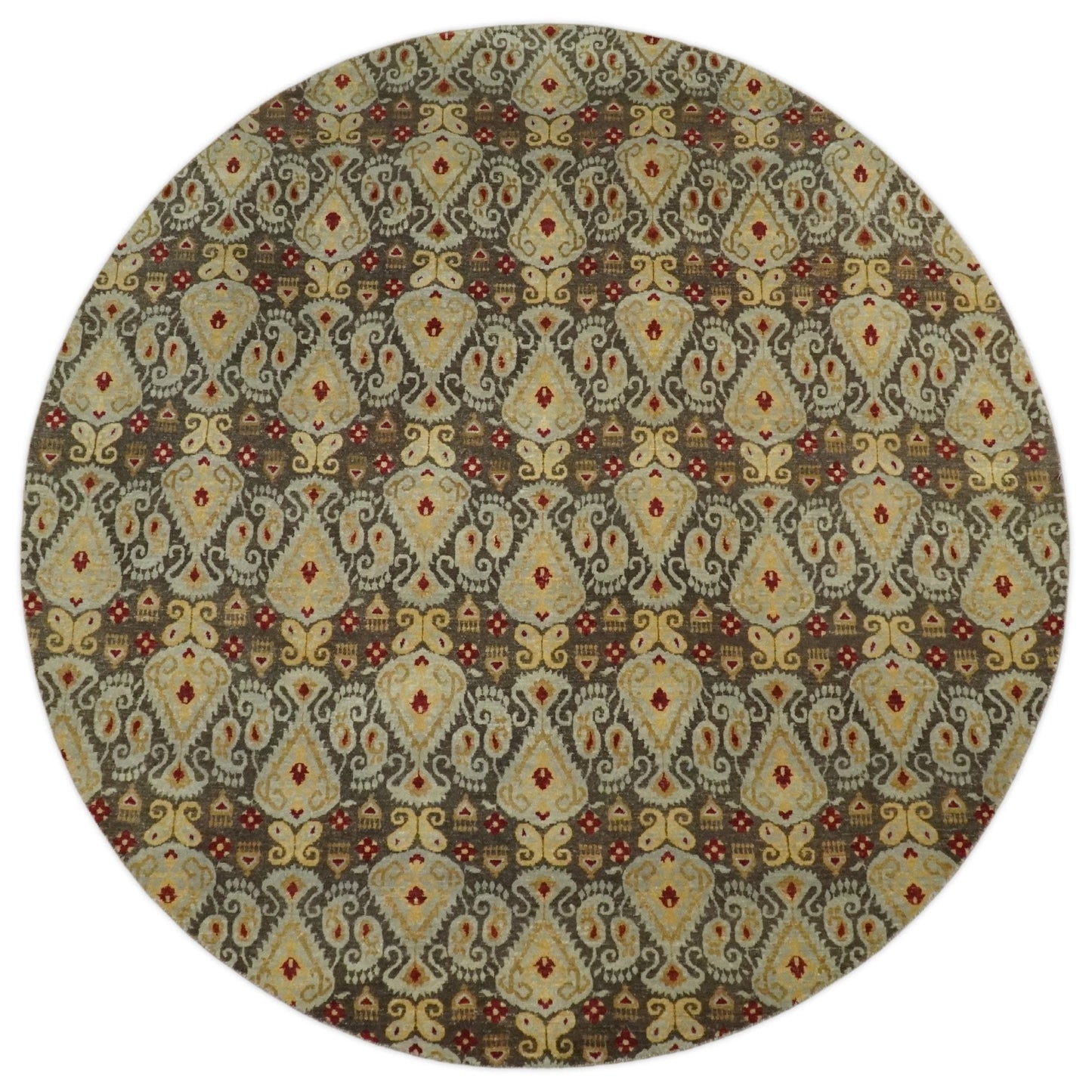 Tapis rond 8x8 en laine antique, noué à la main, brun et beige, style persan traditionnel vintage | AGR48