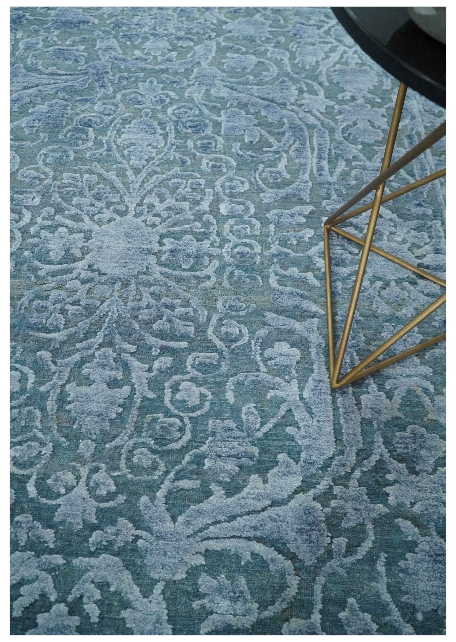 8x9.7 Blue Antique Style, Distressed Finish Hand Carved Traditional Medalian Hand Knotted Wool and Silk Rug - Tampa Home & Garden Store