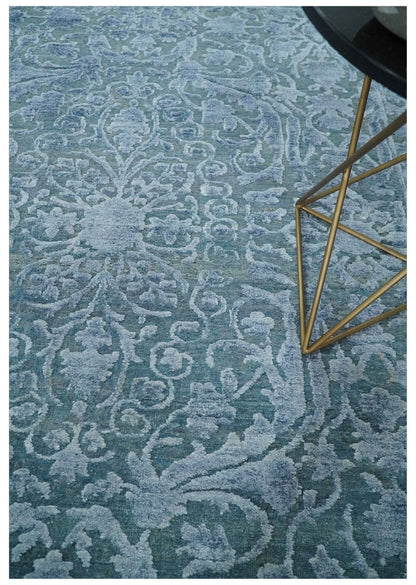8x9.7 Blue Antique Style, Distressed Finish Hand Carved Traditional Medalian Hand Knotted Wool and Silk Rug - Tampa Home & Garden Store