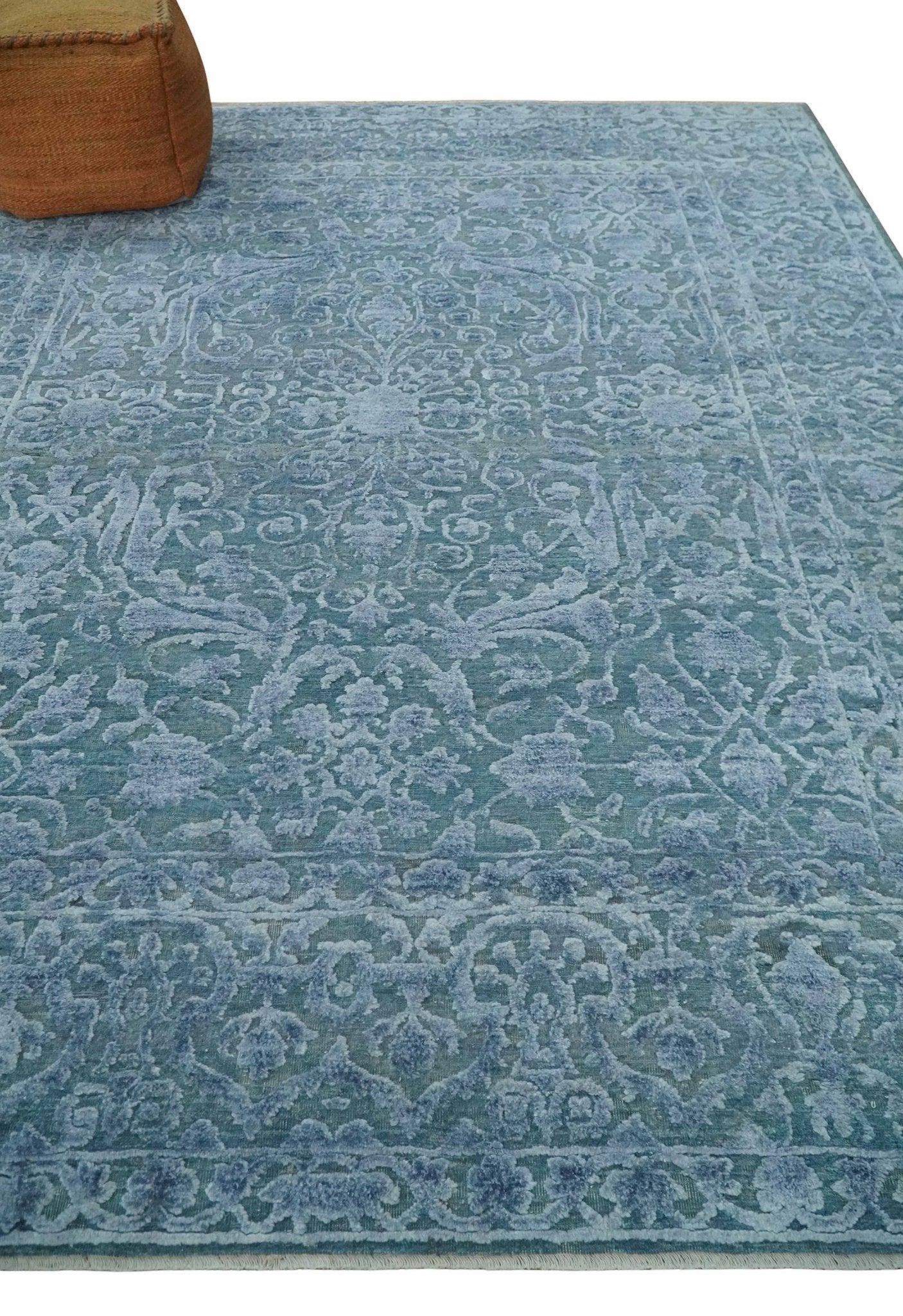 8x9.7 Blue Antique Style, Distressed Finish Hand Carved Traditional Medalian Hand Knotted Wool and Silk Rug - Tampa Home & Garden Store