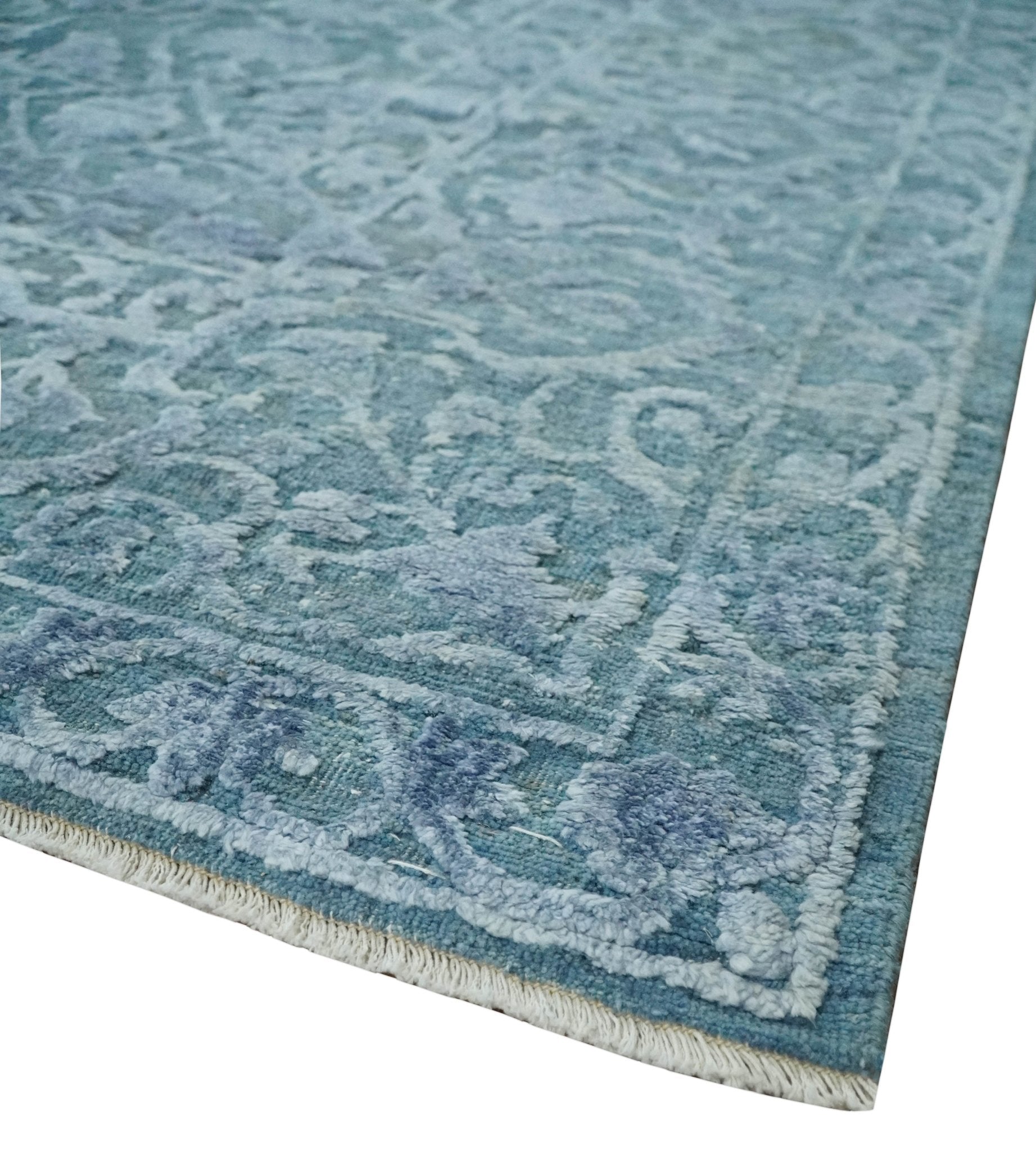 8x9.7 Blue Antique Style, Distressed Finish Hand Carved Traditional Medalian Hand Knotted Wool and Silk Rug - Tampa Home & Garden Store