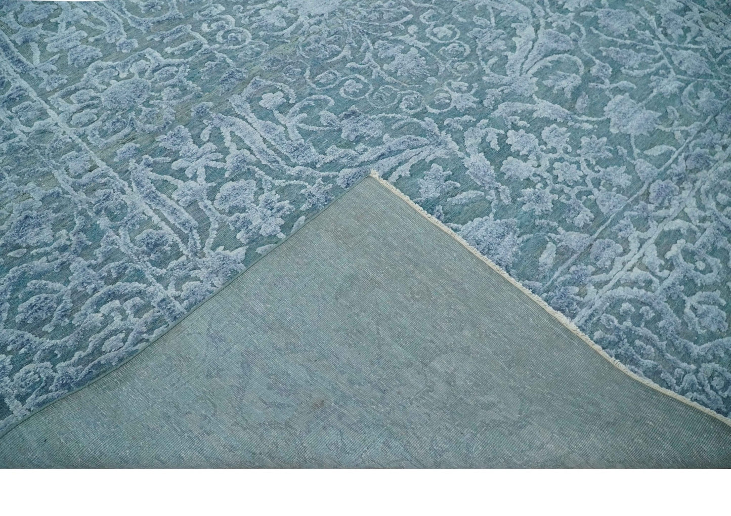8x9.7 Blue Antique Style, Distressed Finish Hand Carved Traditional Medalian Hand Knotted Wool and Silk Rug - Tampa Home & Garden Store