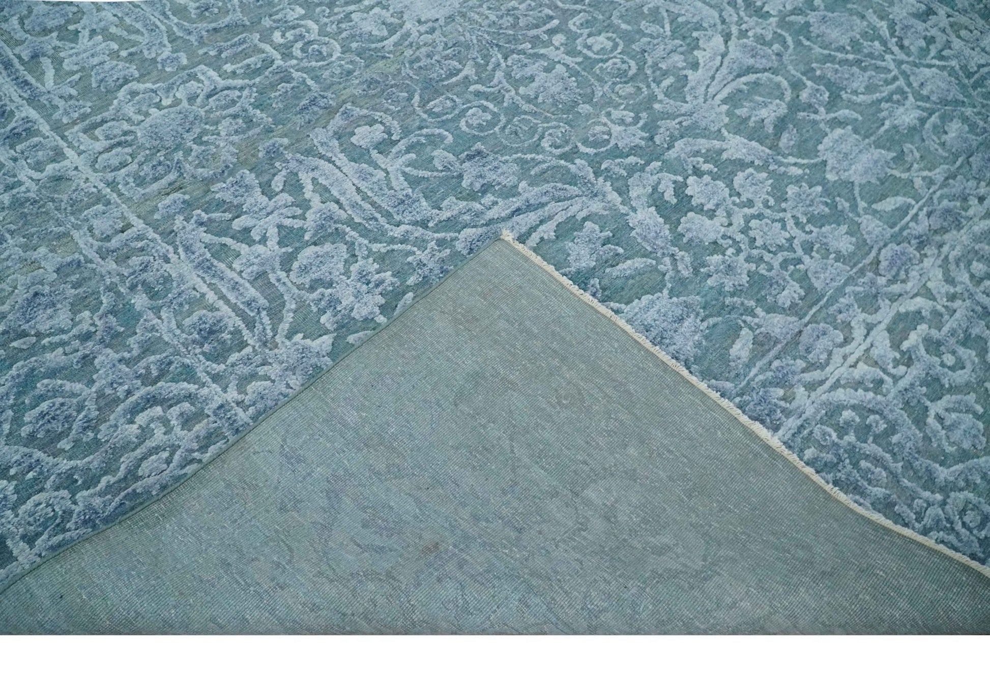 8x9.7 Blue Antique Style, Distressed Finish Hand Carved Traditional Medalian Hand Knotted Wool and Silk Rug - Tampa Home & Garden Store
