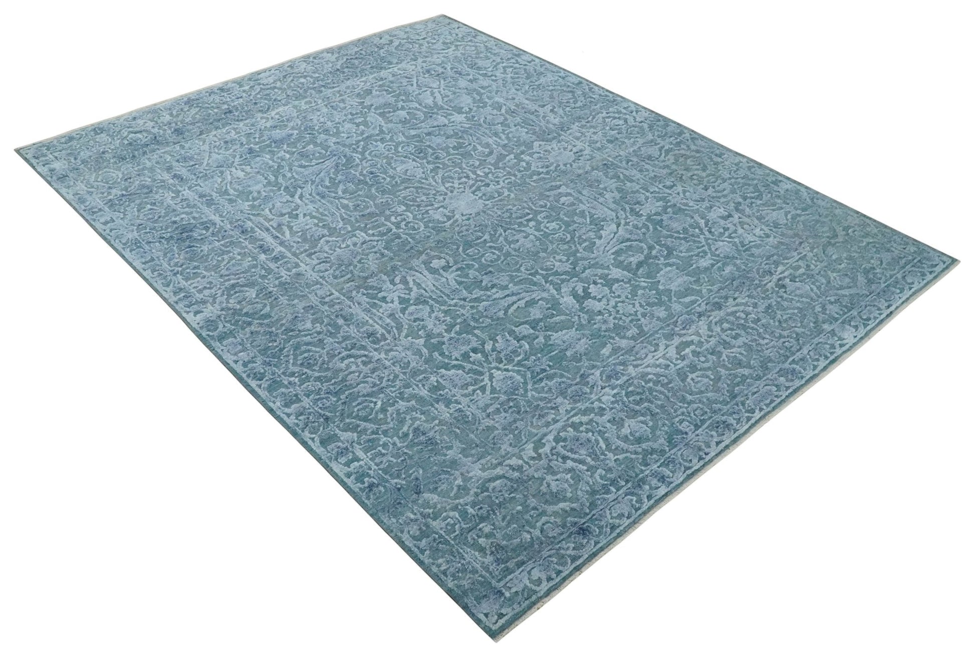 8x9.7 Blue Antique Style, Distressed Finish Hand Carved Traditional Medalian Hand Knotted Wool and Silk Rug - Tampa Home & Garden Store
