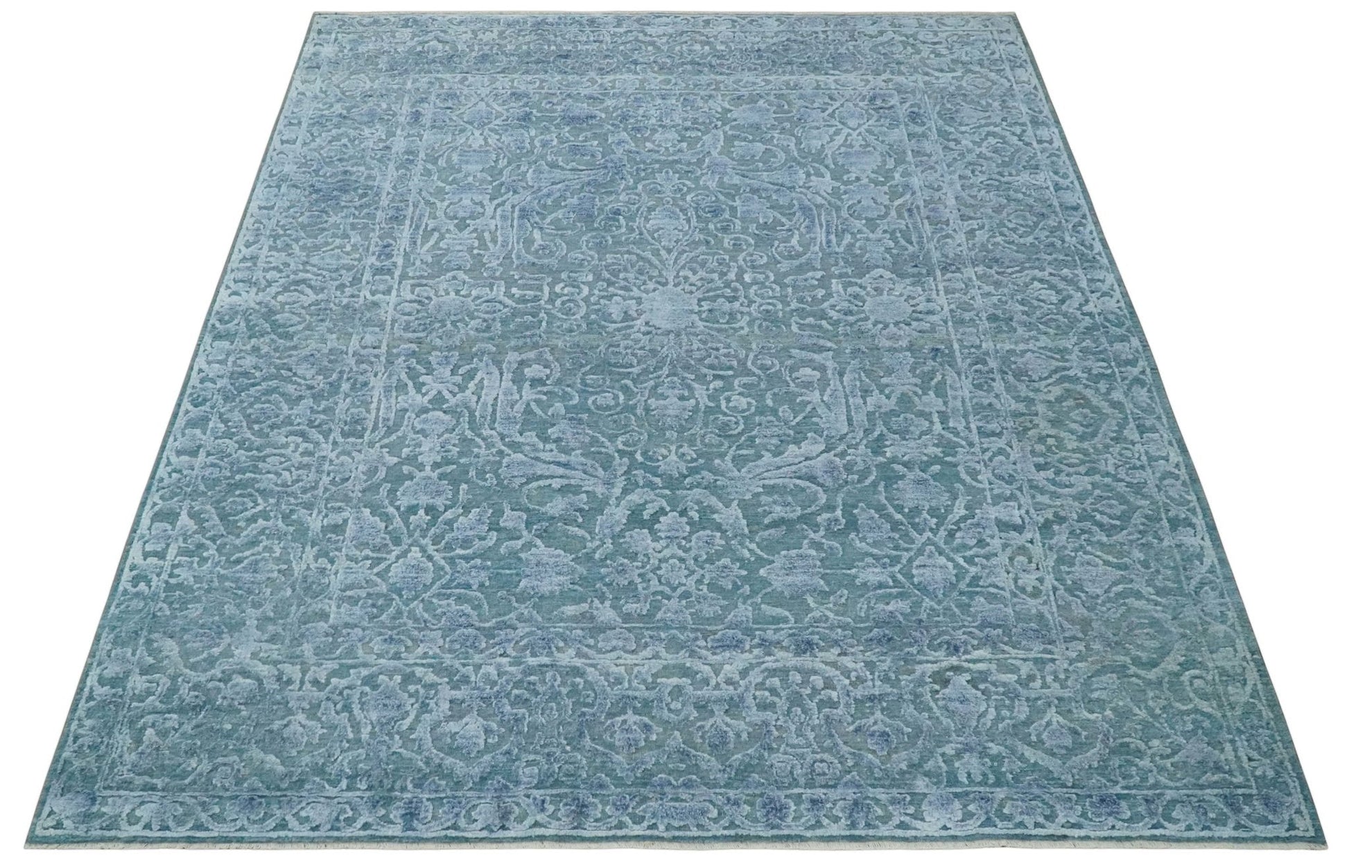 8x9.7 Blue Antique Style, Distressed Finish Hand Carved Traditional Medalian Hand Knotted Wool and Silk Rug - Tampa Home & Garden Store
