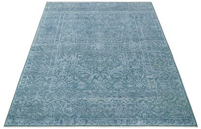 8x9.7 Blue Antique Style, Distressed Finish Hand Carved Traditional Medalian Hand Knotted Wool and Silk Rug - Tampa Home & Garden Store