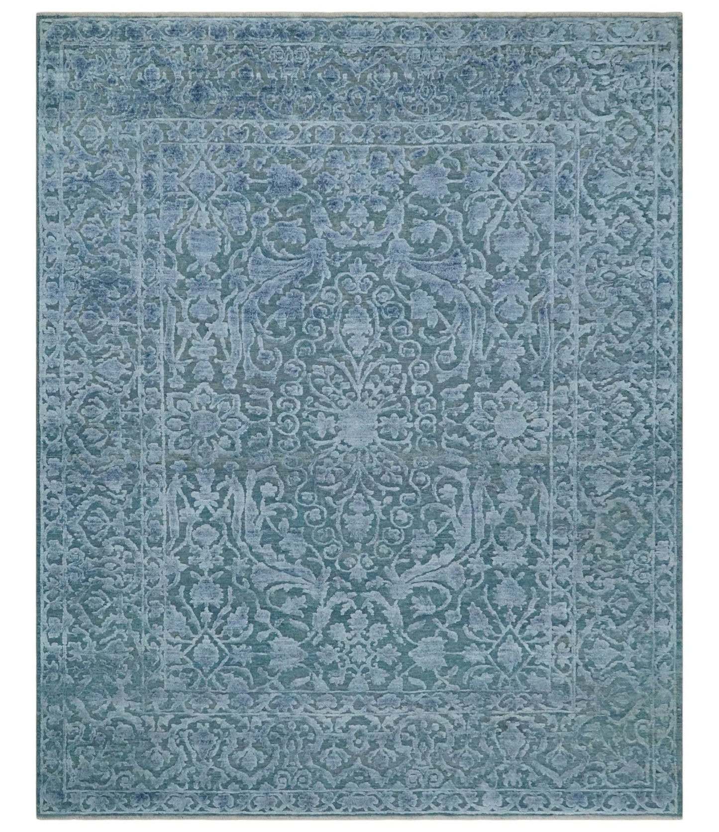 Alfombra de lana y seda, estilo antiguo, azul, de 8 x 9,7 pulgadas, con acabado desgastado, tallada a mano, con medallón tradicional, anudada a mano.