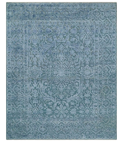 Alfombra de lana y seda, estilo antiguo, azul, de 8 x 9,7 pulgadas, con acabado desgastado, tallada a mano, con medallón tradicional, anudada a mano.
