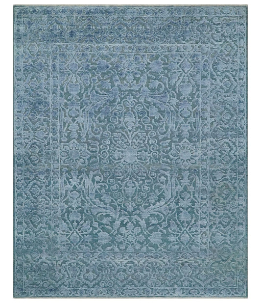 8x9.7 Blue Antique Style, Distressed Finish Hand Carved Traditional Medalian Hand Knotted Wool and Silk Rug - Tampa Home & Garden Store