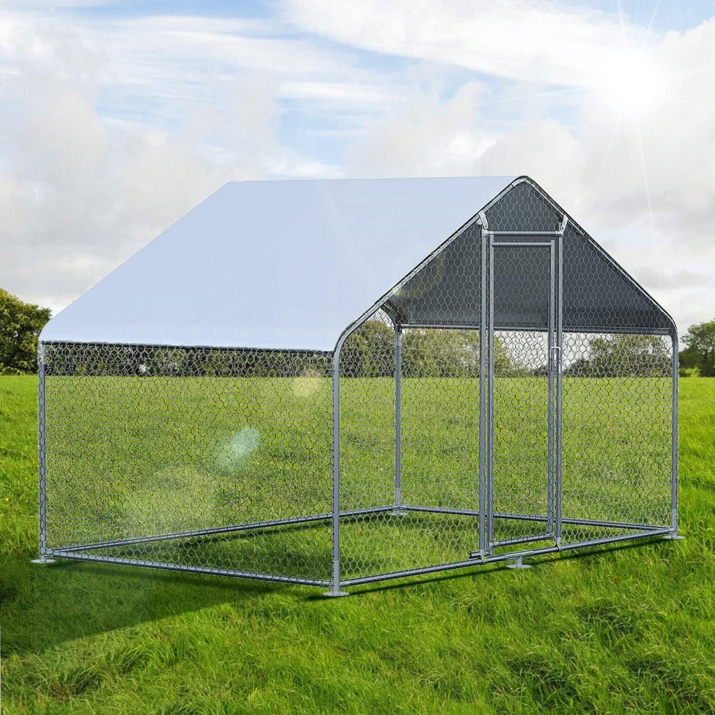 9.8 Ft x 6.5 Ft. Large Metal Outdoor Walk-in Chicken Coop with Waterproof Cover - Tampa Home & Garden Store