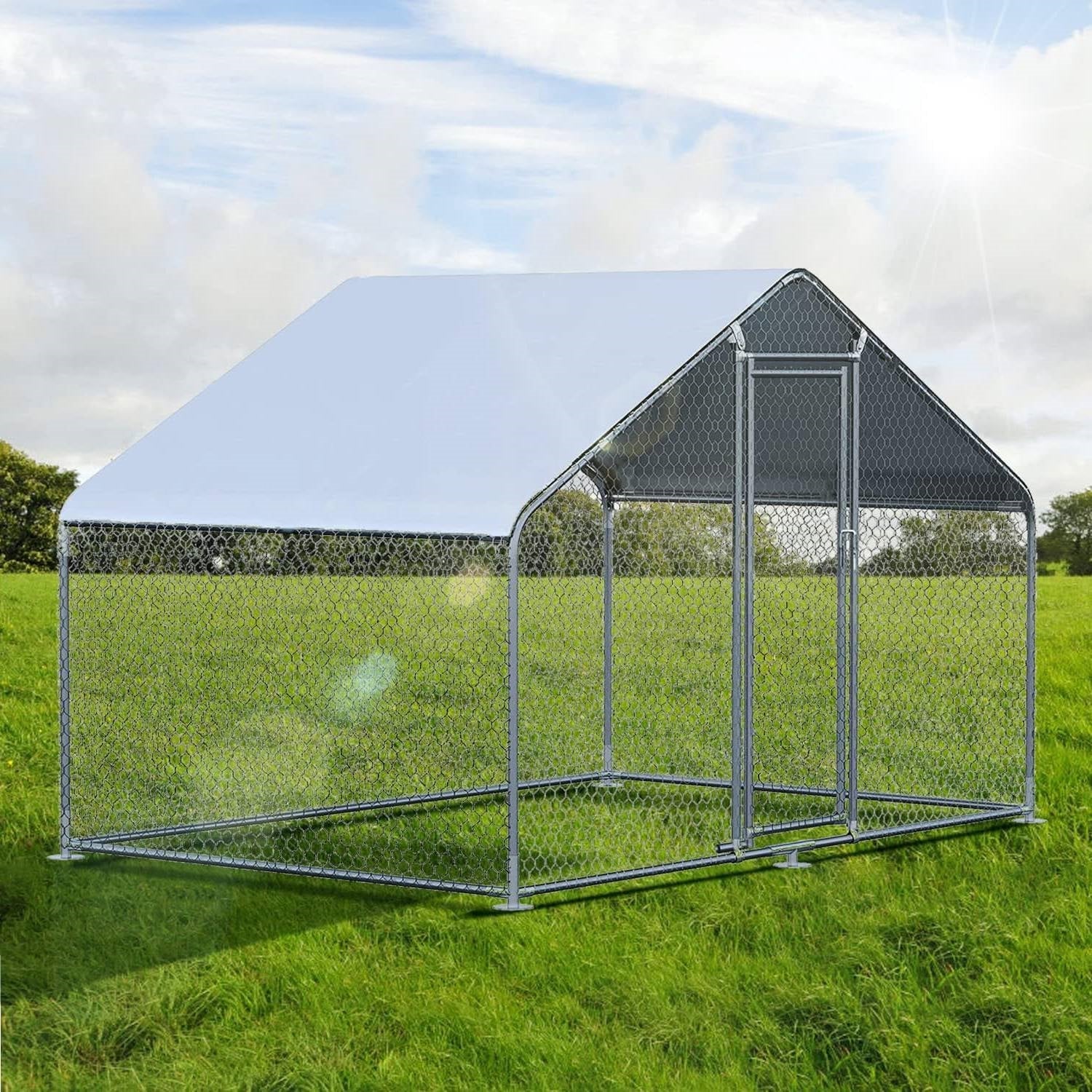 9.8 Ft x 6.5 Ft. Large Metal Outdoor Walk-in Chicken Coop with Waterproof Cover - Tampa Home & Garden Store