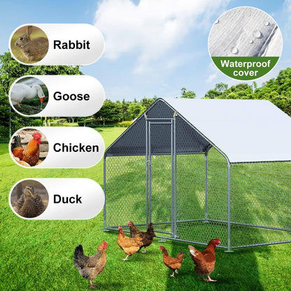 9.8 Ft x 6.5 Ft. Large Metal Outdoor Walk-in Chicken Coop with Waterproof Cover - Tampa Home & Garden Store