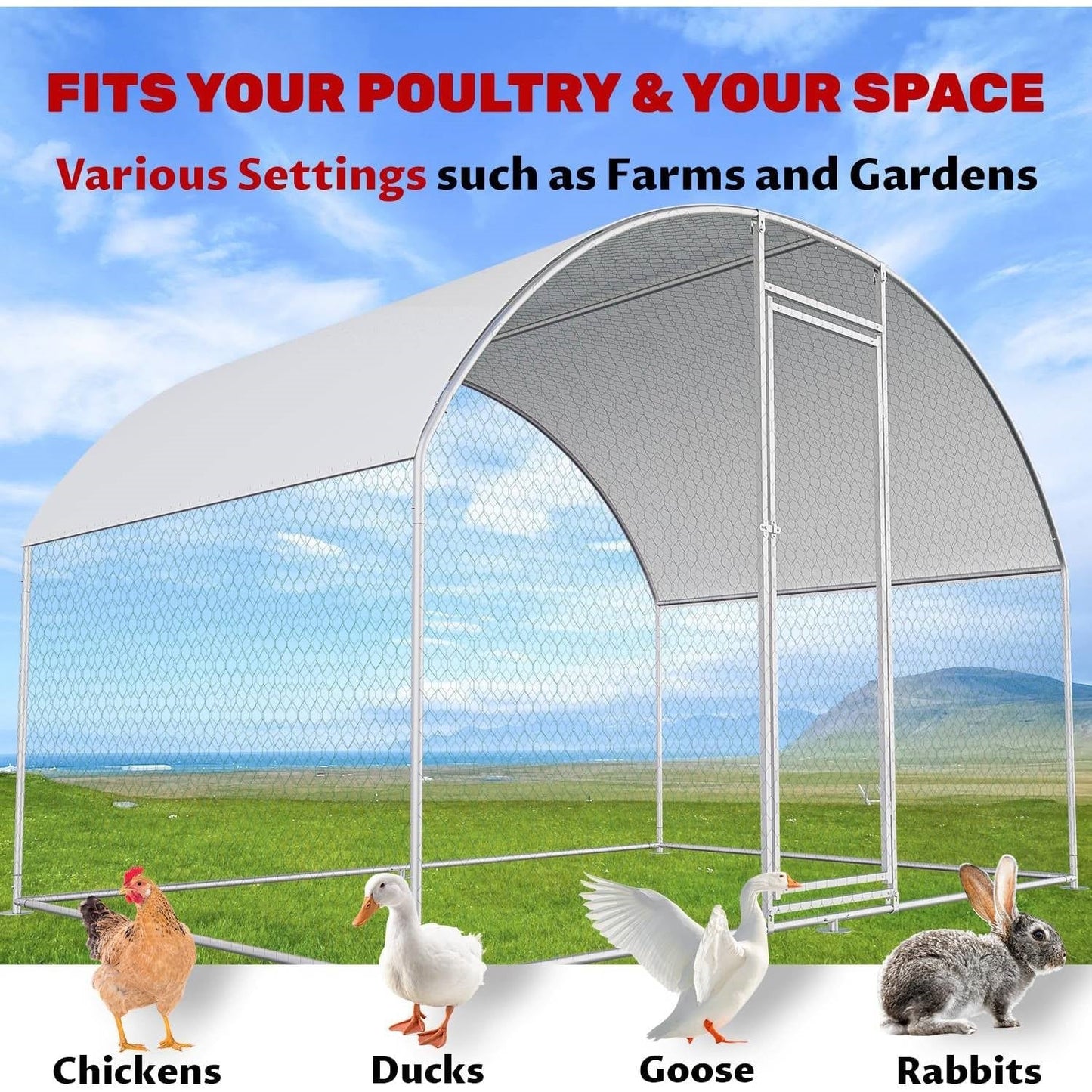 9.8 Ft x 6.6 Ft Outdoor Metal Chicken Coop with Dome Roof and Waterproof Cover - Tampa Home & Garden Store