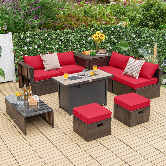 9 Pieces Outdoor Patio Furniture Set with 42 Inch Propane Fire Pit Table-Red - Tampa Home & Garden Store