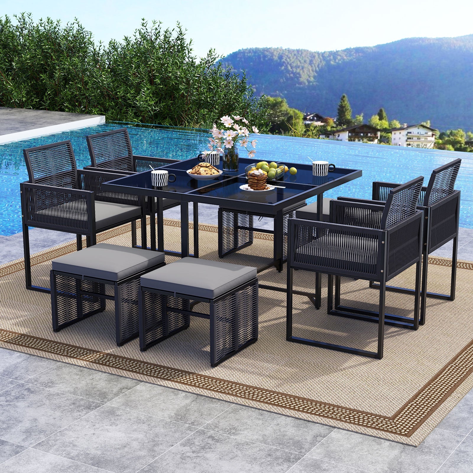 9 Pieces Patio Dining Set with Cushions for Yard Garden-Gray - Tampa Home & Garden Store
