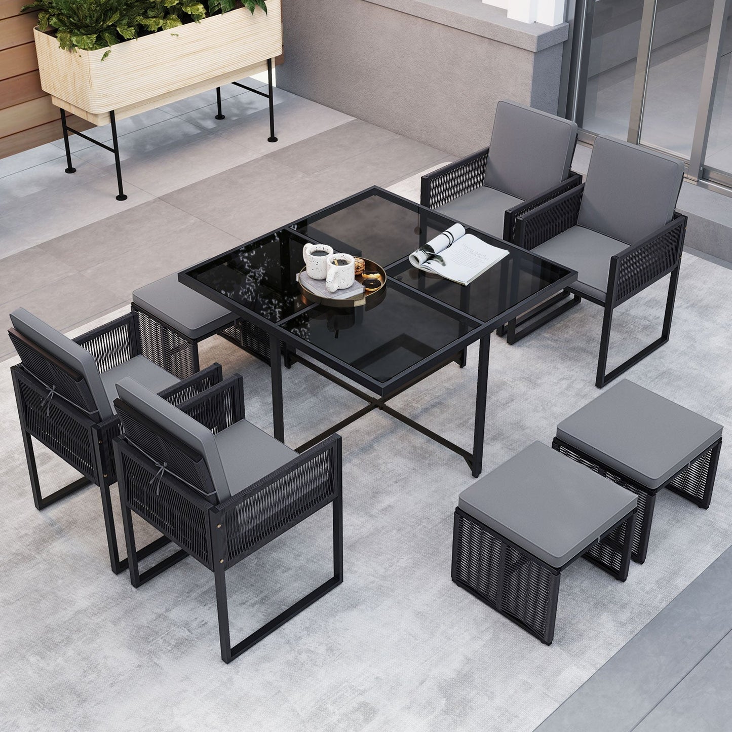 9 Pieces Patio Dining Set with Cushions for Yard Garden-Gray - Tampa Home & Garden Store