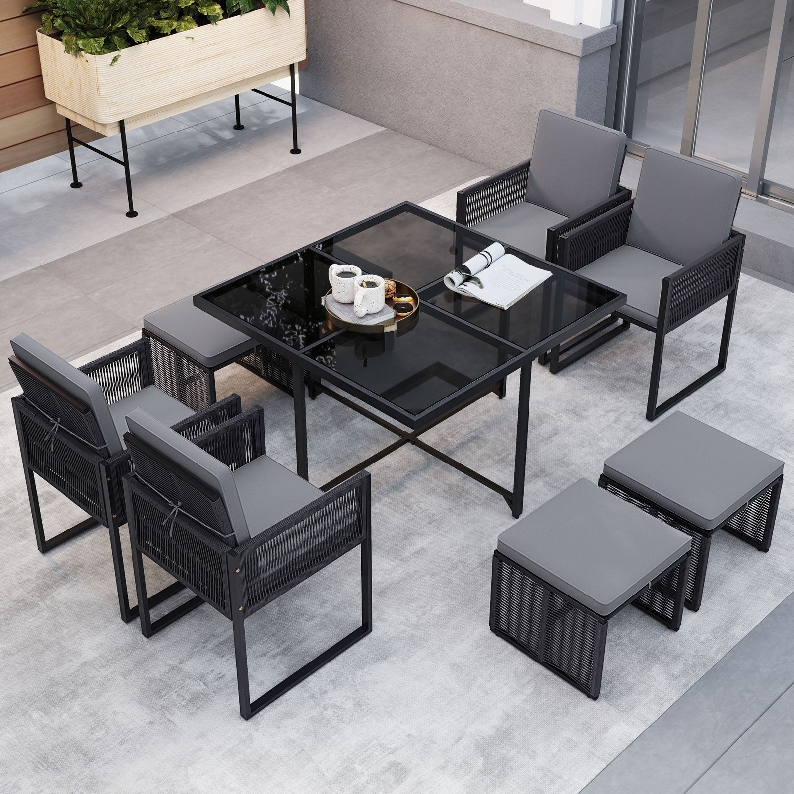9 Pieces Patio Dining Set with Cushions for Yard Garden-Gray - Tampa Home & Garden Store