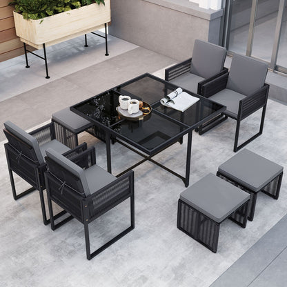 9 Pieces Patio Dining Set with Cushions for Yard Garden-Gray - Tampa Home & Garden Store