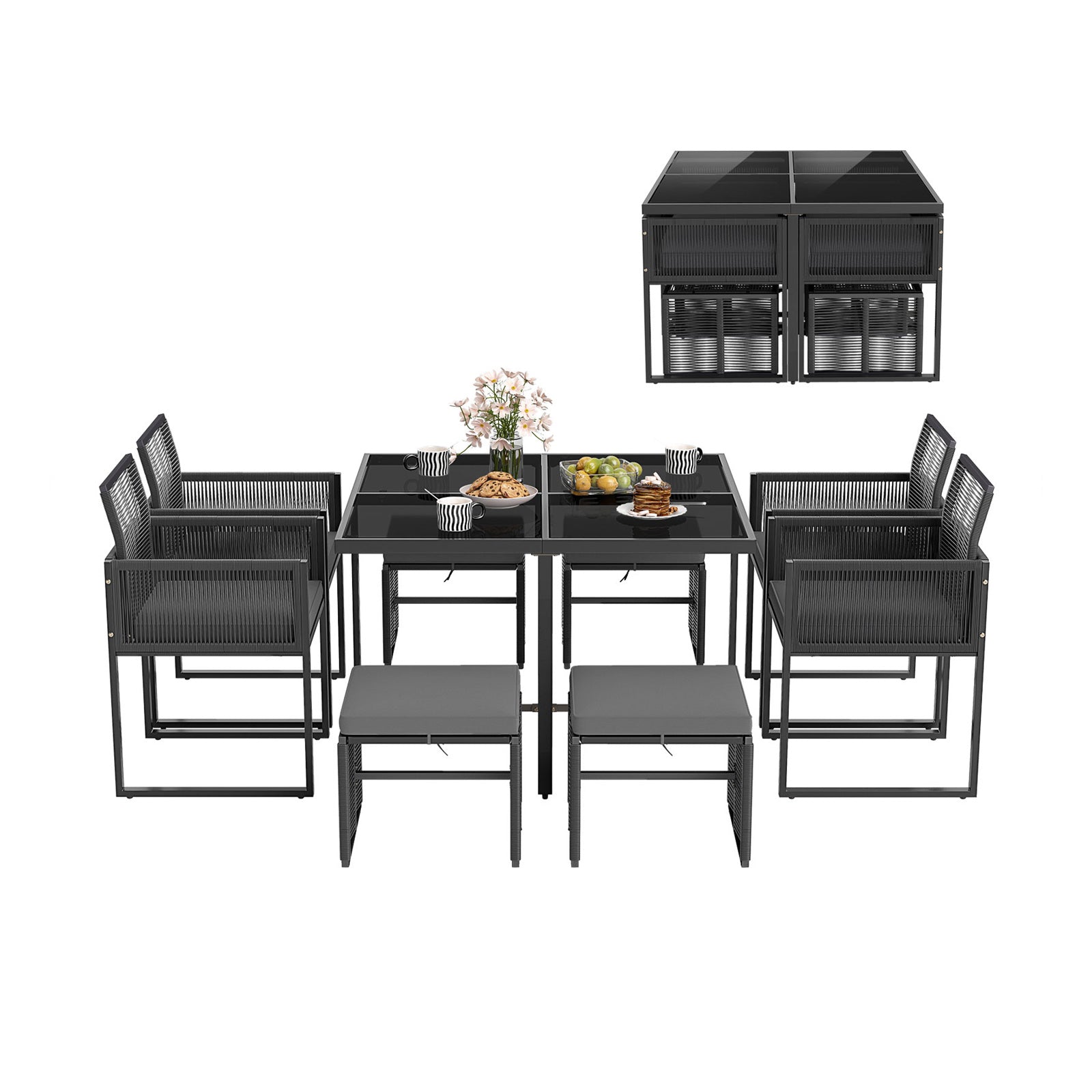 9 Pieces Patio Dining Set with Cushions for Yard Garden-Gray - Tampa Home & Garden Store