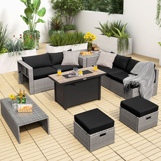 9 Pieces Patio Furniture Set with 42 Inches 60000 BTU Fire Pit-Black - Tampa Home & Garden Store