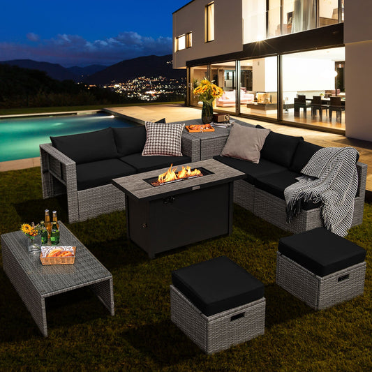 9 Pieces Patio Furniture Set with 42 Inches 60000 BTU Fire Pit-Black - Tampa Home & Garden Store