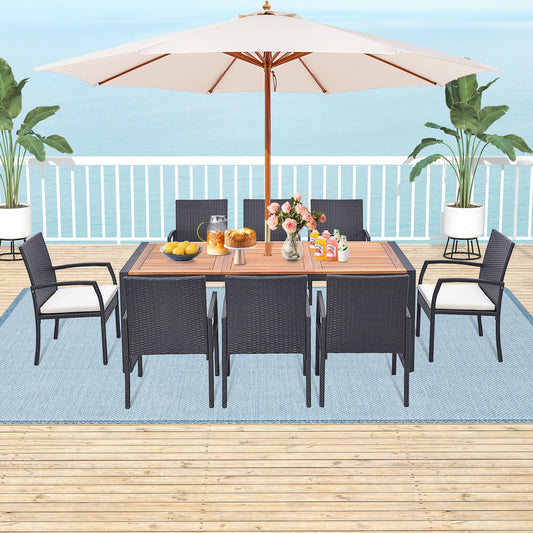 9 Pieces  Patio Rattan Dining Set with Acacia Wood Table for Backyard  Garden-L-shaped Handrail - Tampa Home & Garden Store