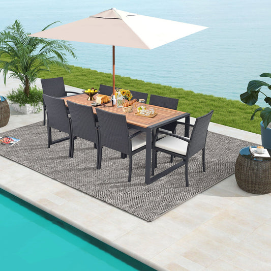 9 Pieces Patio Rattan Dining Set with Acacia Wood Table for Backyard Garden-L-shaped Handrail - Tampa Home & Garden Store