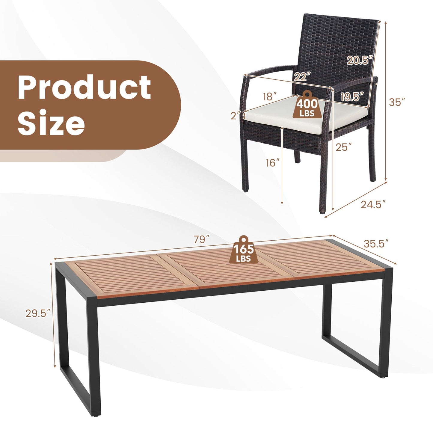 9 Pieces  Patio Rattan Dining Set with Acacia Wood Table for Backyard  Garden-L-shaped Handrail - Tampa Home & Garden Store