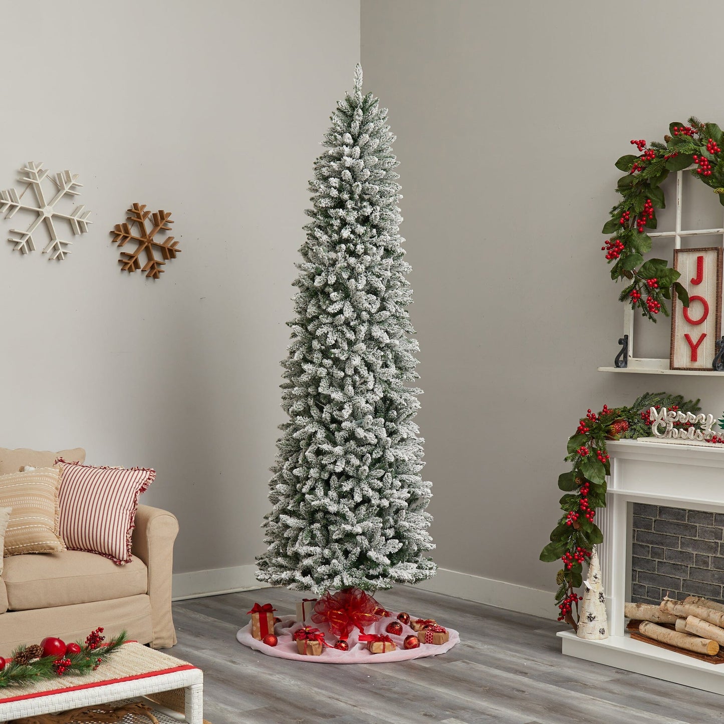 9’ Slim Flocked Montreal Fir Artificial Christmas Tree with 1860 Bendable Branches - Tampa Home & Garden Store