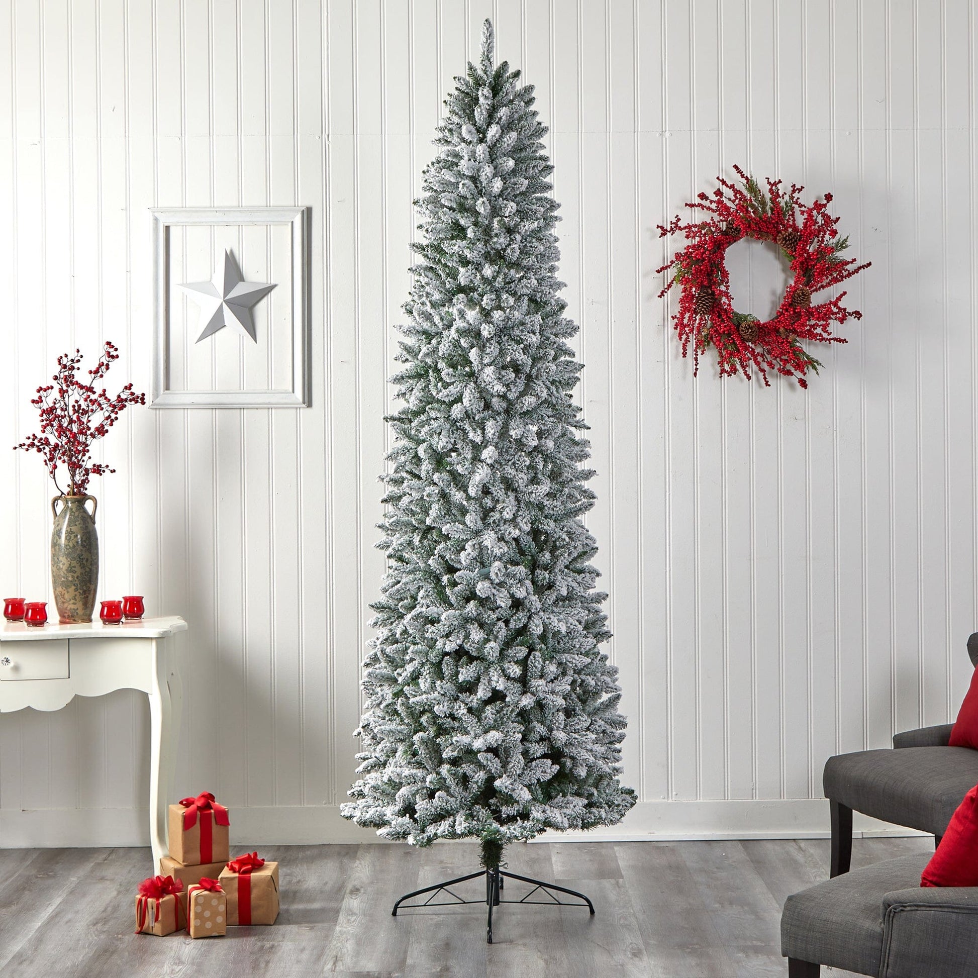9’ Slim Flocked Montreal Fir Artificial Christmas Tree with 1860 Bendable Branches - Tampa Home & Garden Store