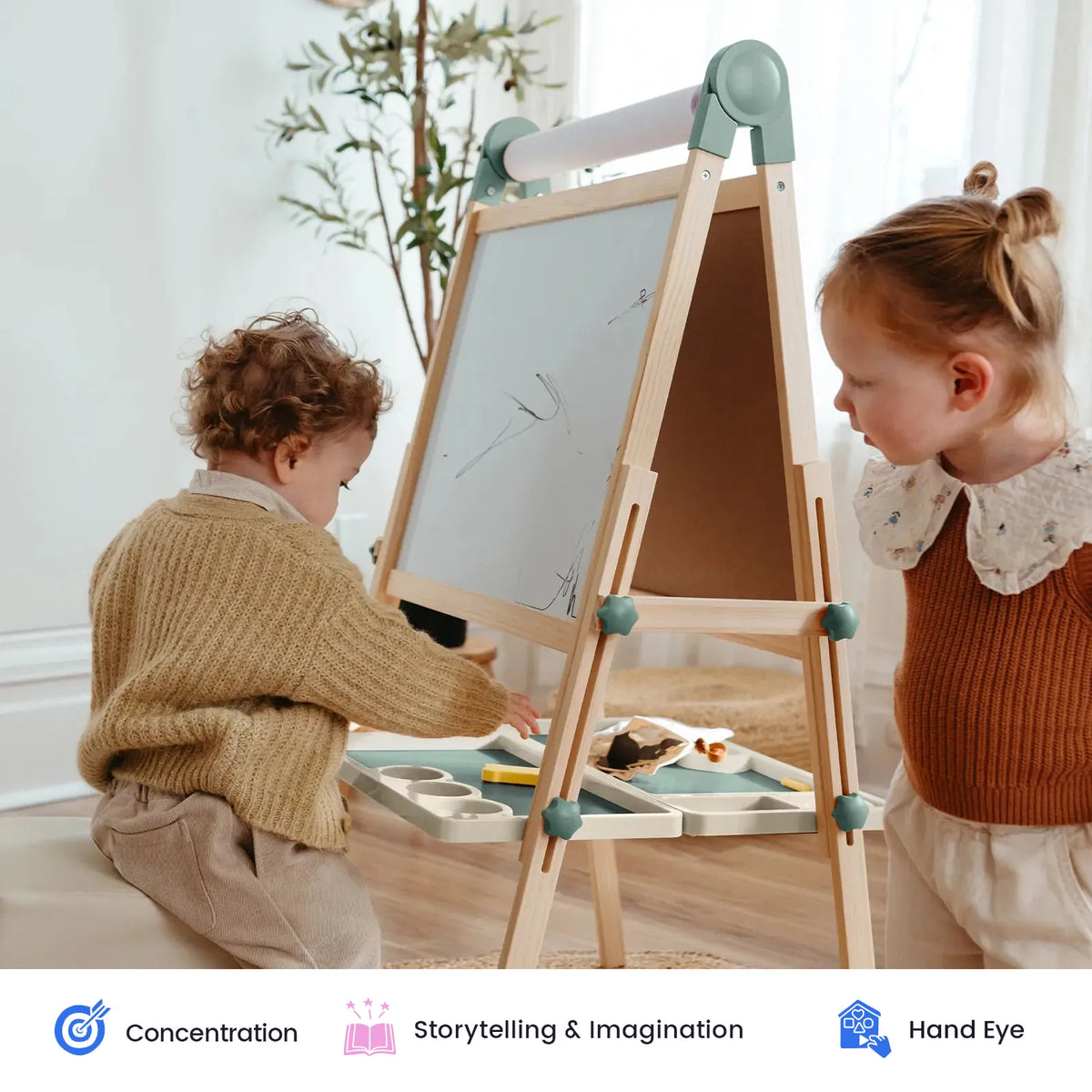 Tiny Land Pink Magnitales Easel & Paper Roll Set, wooden kids easel with mint-green joints on Tampa Home & Garden Store