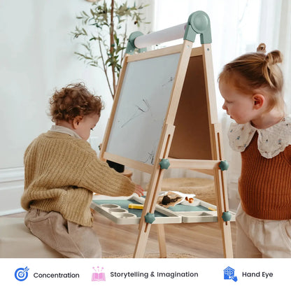 Tiny Land Pink Magnitales Easel & Paper Roll Set, wooden kids easel with mint-green joints on Tampa Home & Garden Store