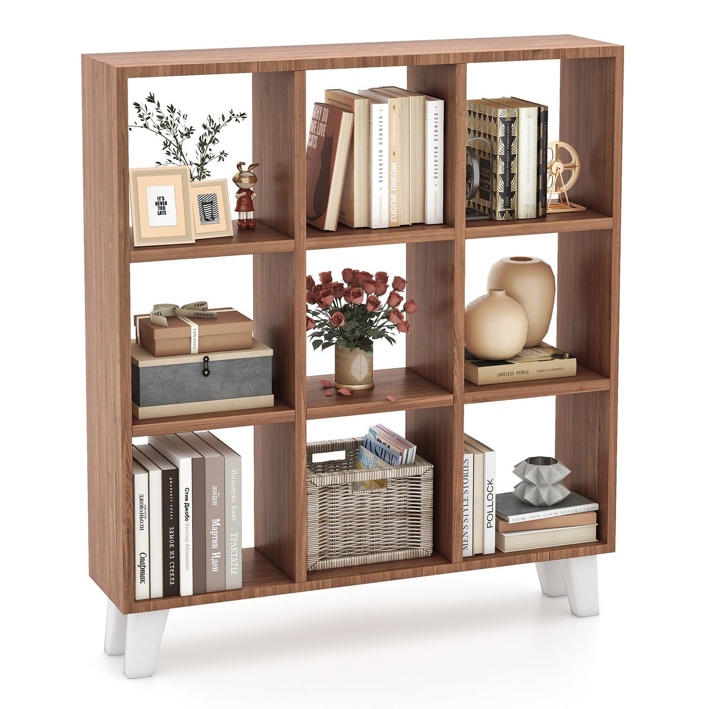 Estantería de 9 cubos con 6 estantes extraíbles y patas de soporte elevadas - Marrón