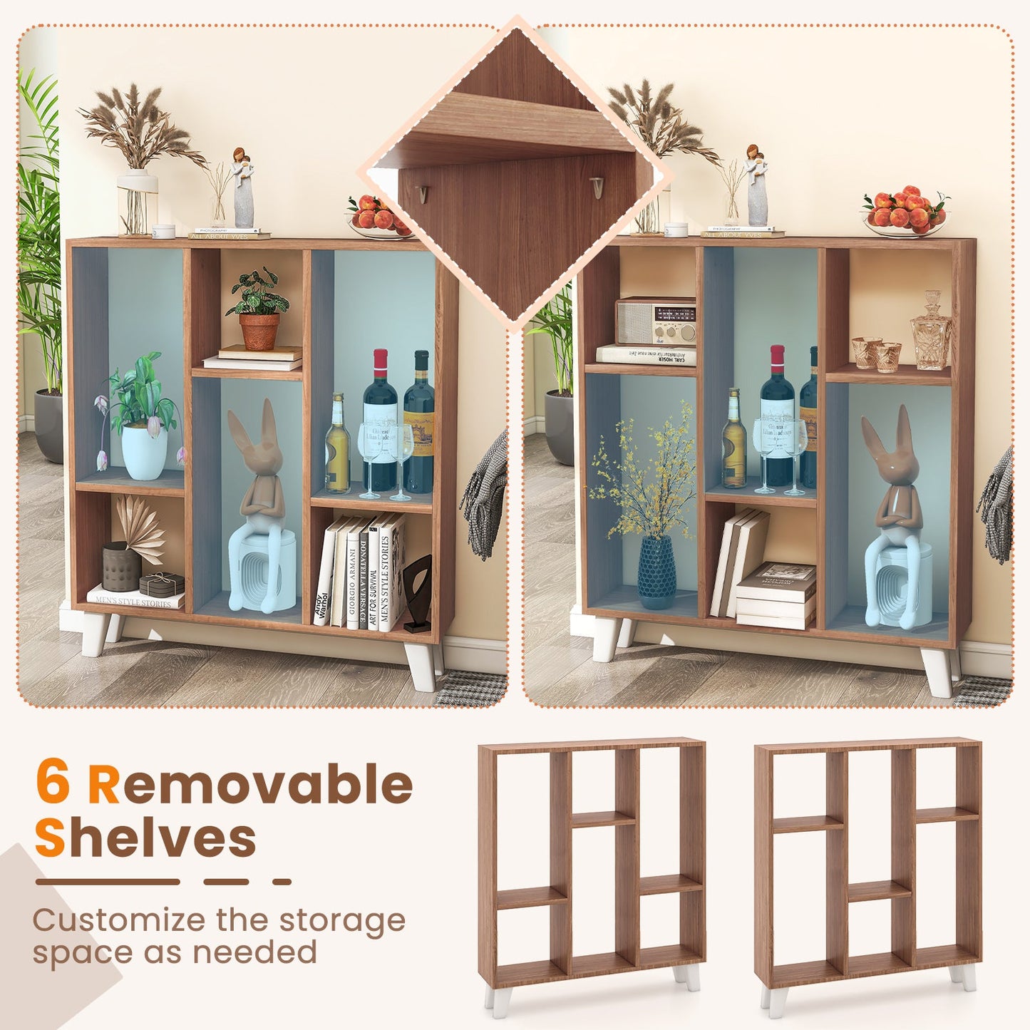 Estantería de 9 cubos con 6 estantes extraíbles y patas de soporte elevadas - Marrón