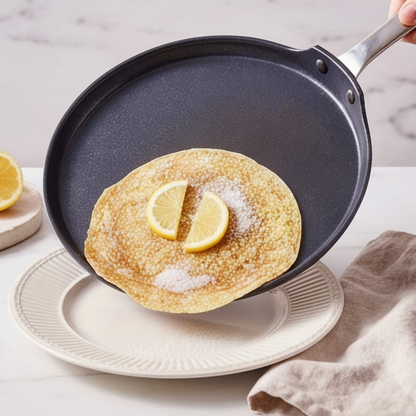 Ceramic nonstick crepe pan 10in by Alva Cookware with dark gray finish; crepe being cooked on Tampa Home & Garden Store