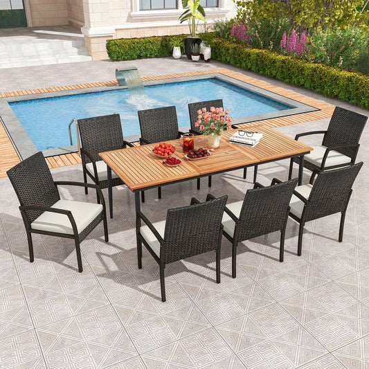 9-Piece Patio Dining Set with Umbrella Hole and 8 Rattan-woven Dining Chairs with Seat Cushions - Tampa Home & Garden Store