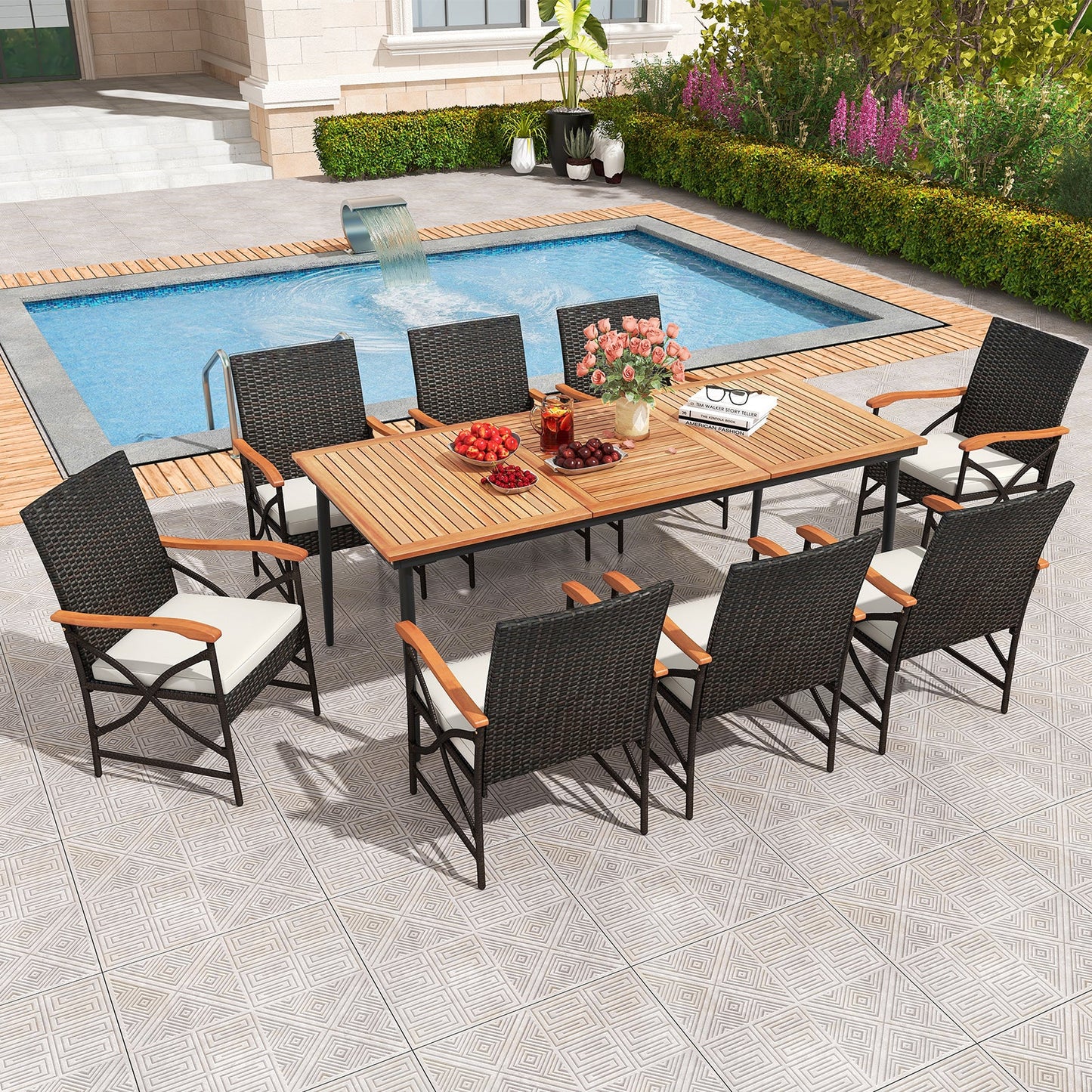 Mesa de comedor de madera de acacia para exterior de 79 pulgadas y 8 sillas de comedor de ratán con orificio para sombrilla