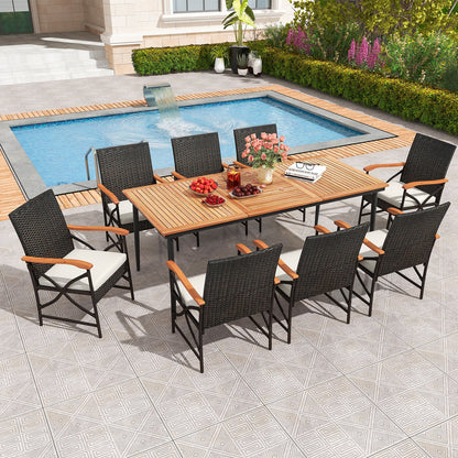 Mesa de comedor de madera de acacia para exterior de 79 pulgadas y 8 sillas de comedor de ratán con orificio para sombrilla