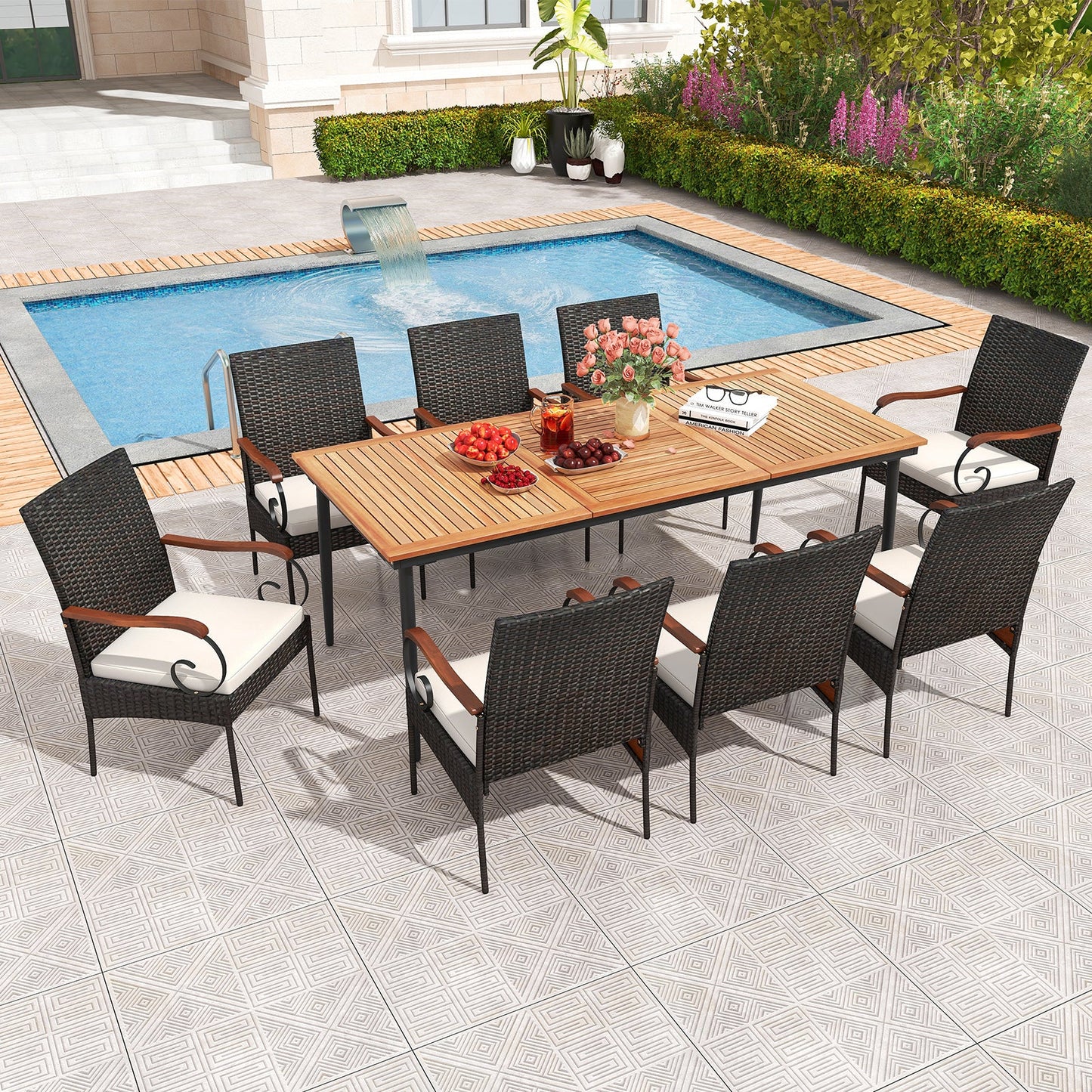 Mesa de comedor de exterior de 79 pulgadas y 8 sillas de comedor de ratán con tablero de madera de acacia