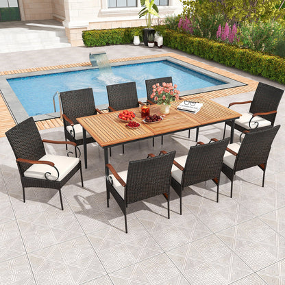 Mesa de comedor de exterior de 79 pulgadas y 8 sillas de comedor de ratán con tablero de madera de acacia