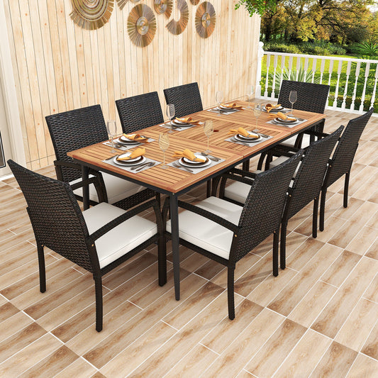 9-Piece Patio Dining Set with Umbrella Hole and 8 Rattan-woven Dining Chairs with Seat Cushions - Tampa Home & Garden Store