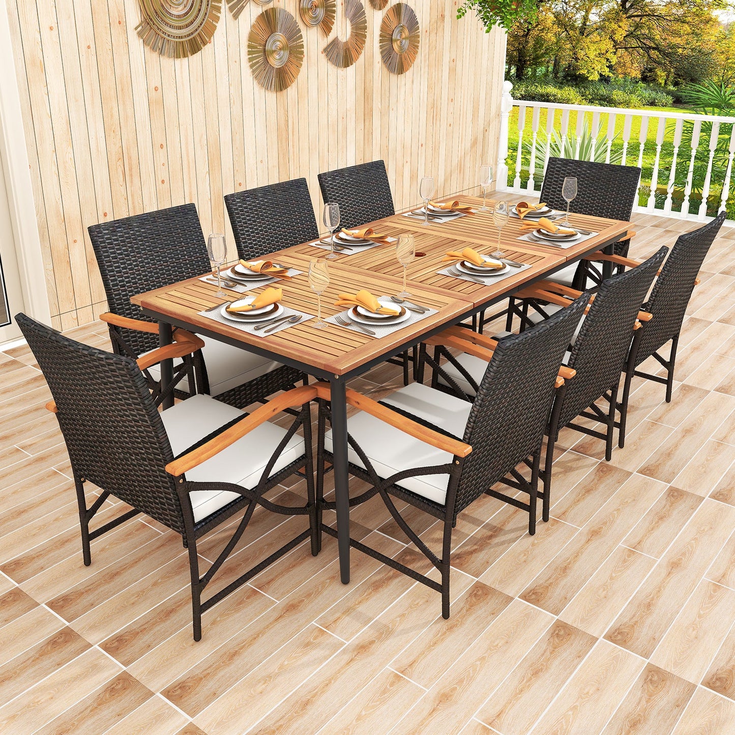 Mesa de comedor de madera de acacia para exterior de 79 pulgadas y 8 sillas de comedor de ratán con orificio para sombrilla