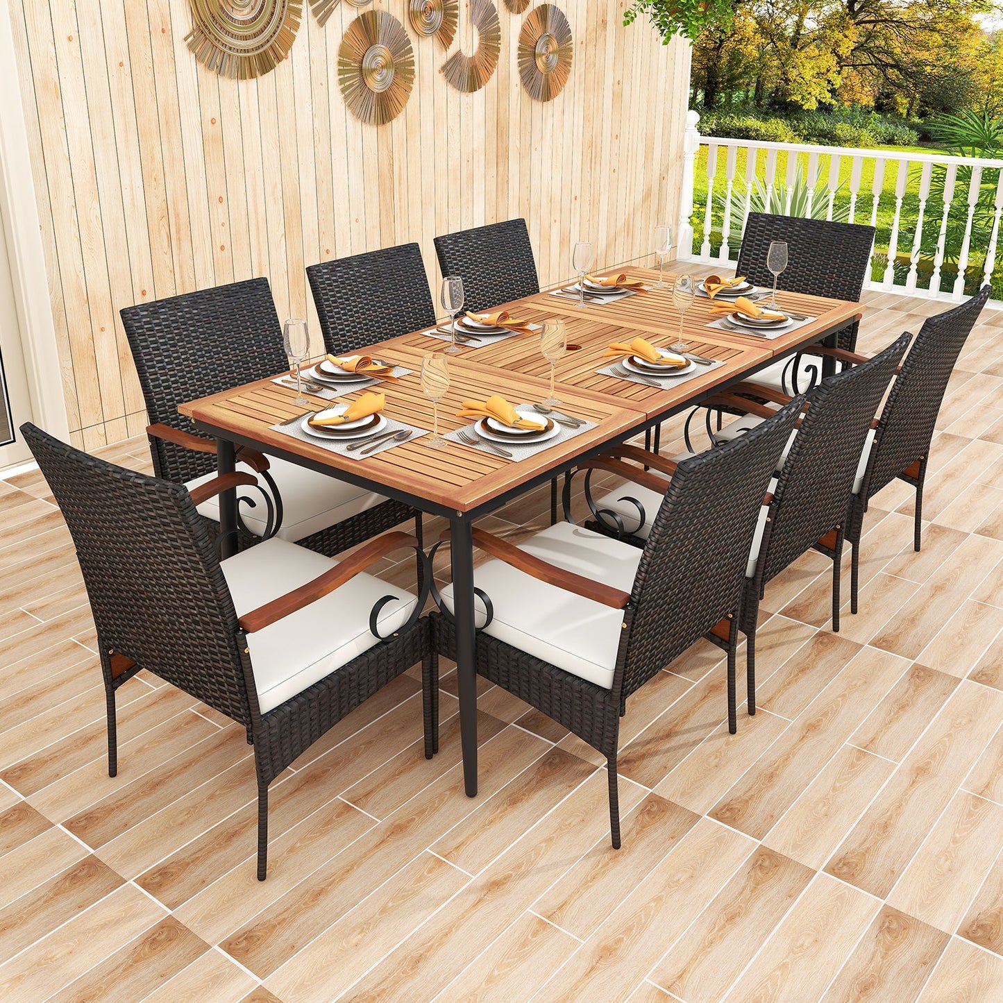 Mesa de comedor de exterior de 79 pulgadas y 8 sillas de comedor de ratán con tablero de madera de acacia