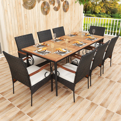 Mesa de comedor de exterior de 79 pulgadas y 8 sillas de comedor de ratán con tablero de madera de acacia