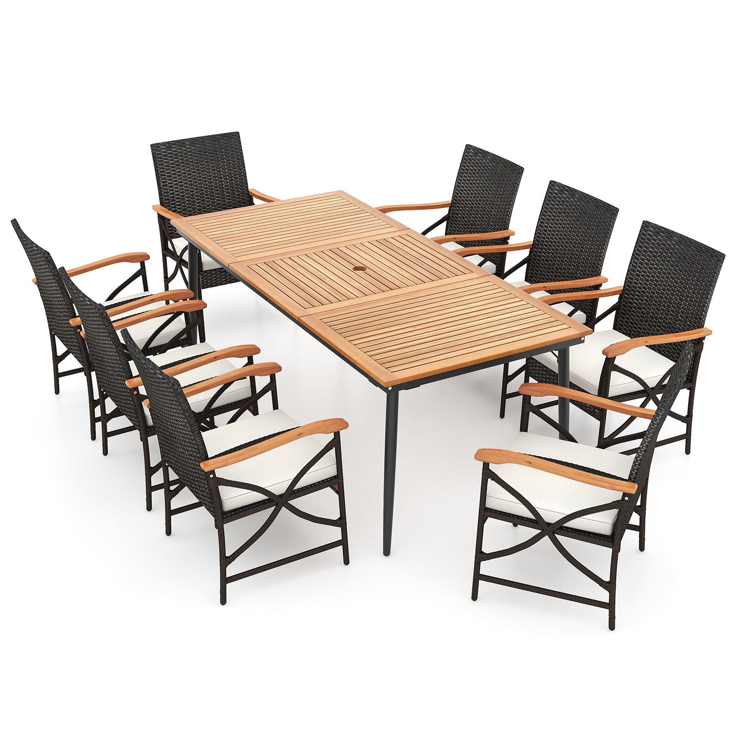 Mesa de comedor de madera de acacia para exterior de 79 pulgadas y 8 sillas de comedor de ratán con orificio para sombrilla