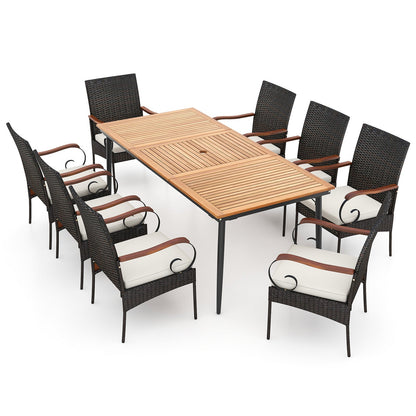 Mesa de comedor de exterior de 79 pulgadas y 8 sillas de comedor de ratán con tablero de madera de acacia