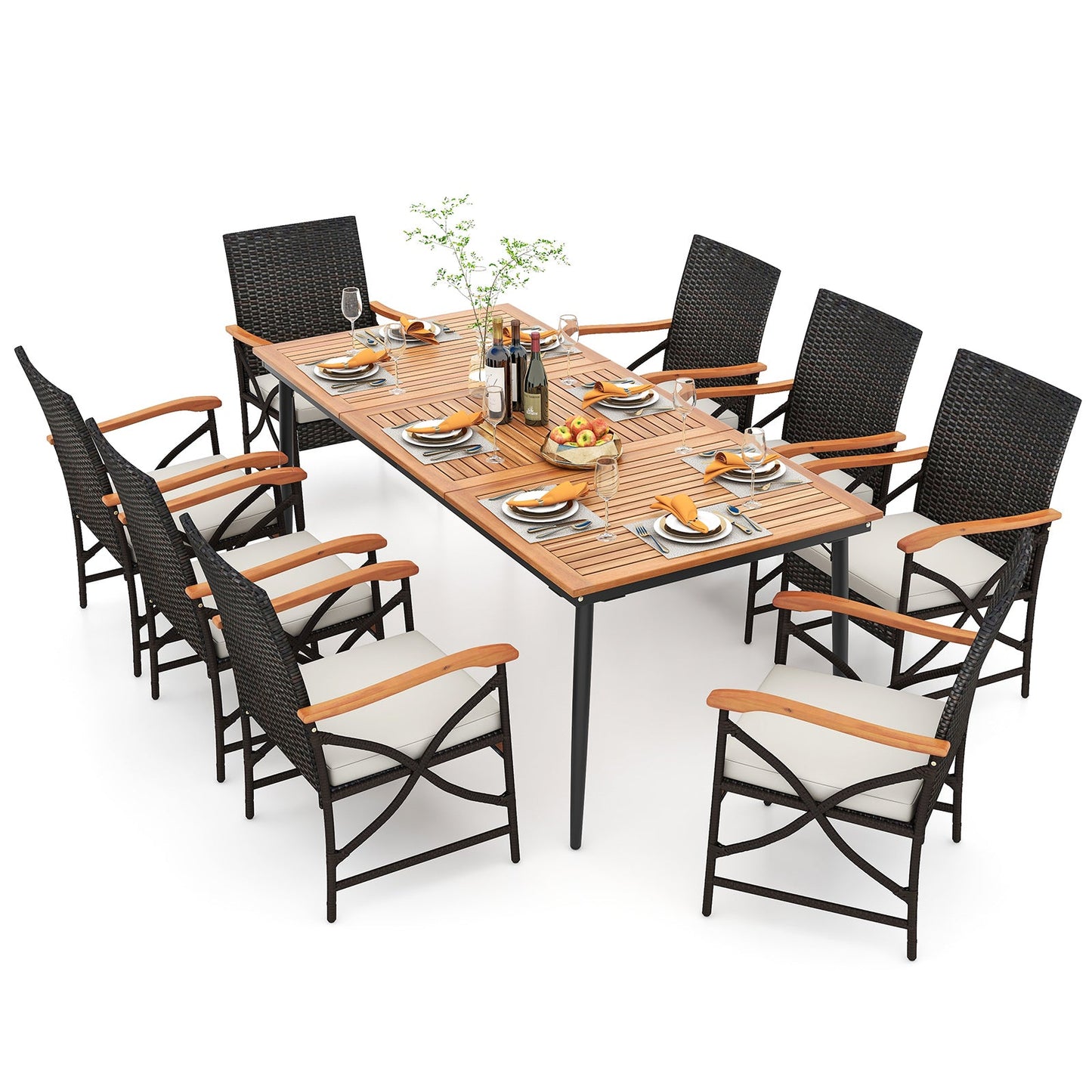 Mesa de comedor de madera de acacia para exterior de 79 pulgadas y 8 sillas de comedor de ratán con orificio para sombrilla