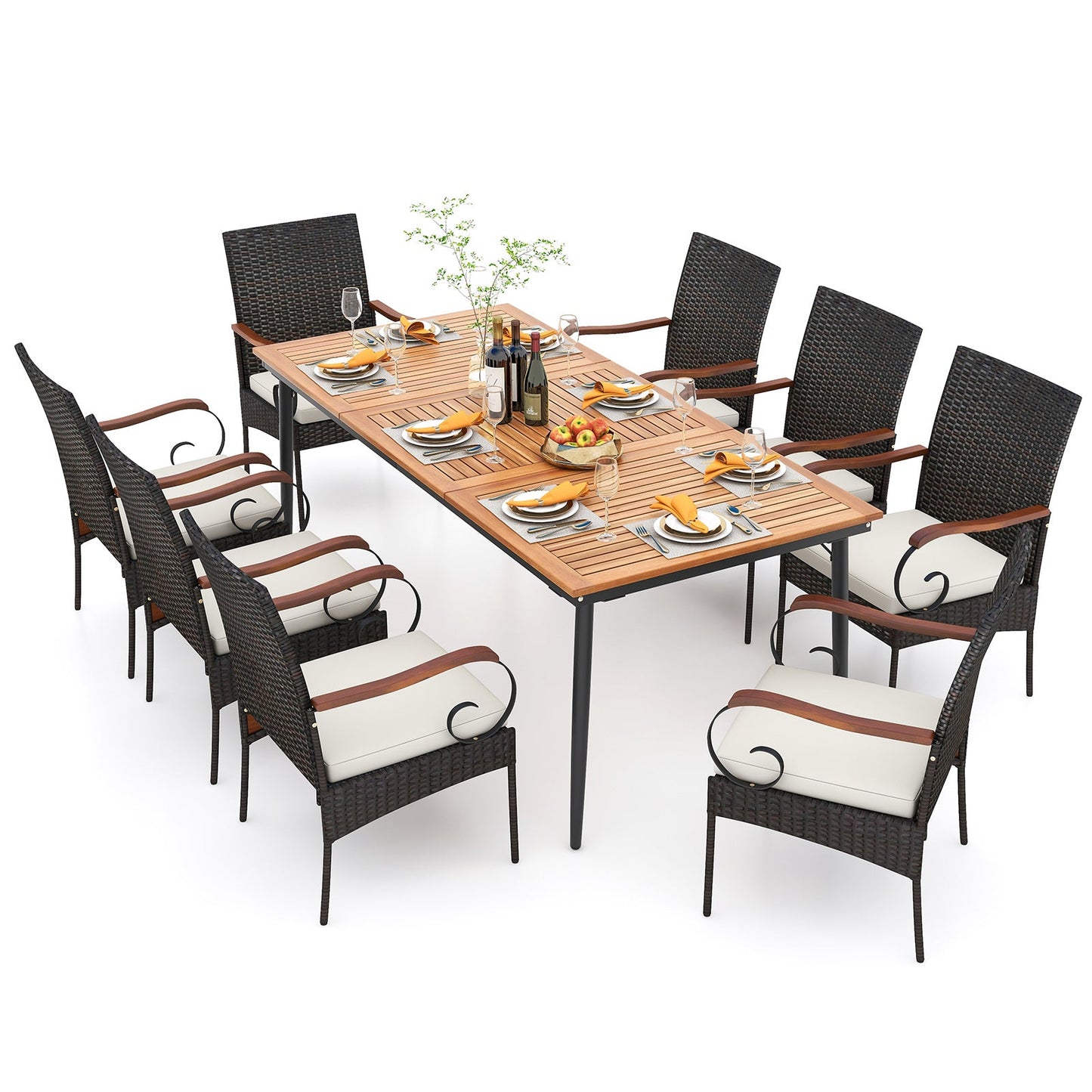 Mesa de comedor de exterior de 79 pulgadas y 8 sillas de comedor de ratán con tablero de madera de acacia