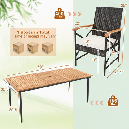 Mesa de comedor de madera de acacia para exterior de 79 pulgadas y 8 sillas de comedor de ratán con orificio para sombrilla