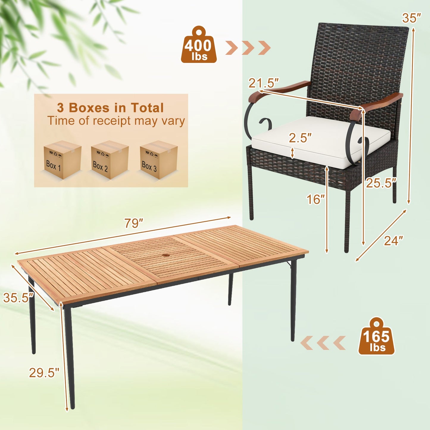 Mesa de comedor de exterior de 79 pulgadas y 8 sillas de comedor de ratán con tablero de madera de acacia
